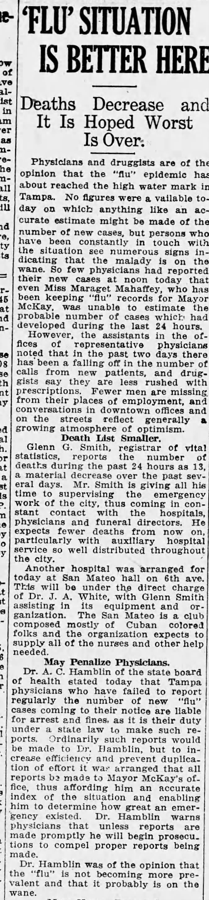 Newspaper says "flu situation is better" in Tampa, Florida, on Oct 25, 1918; Fewer deaths reported