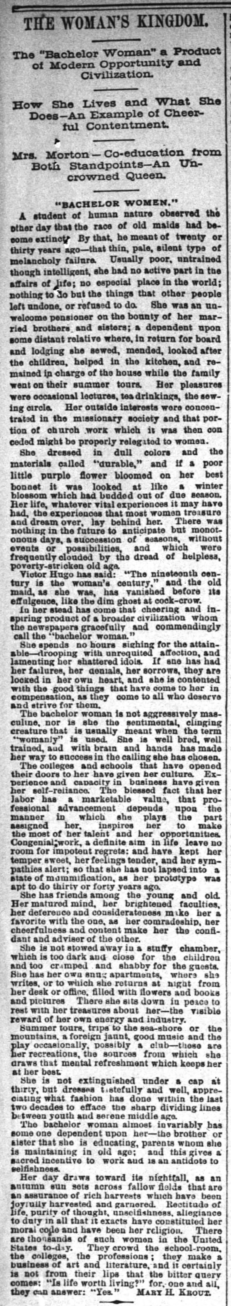"Bachelor women" replace old maids, 1889