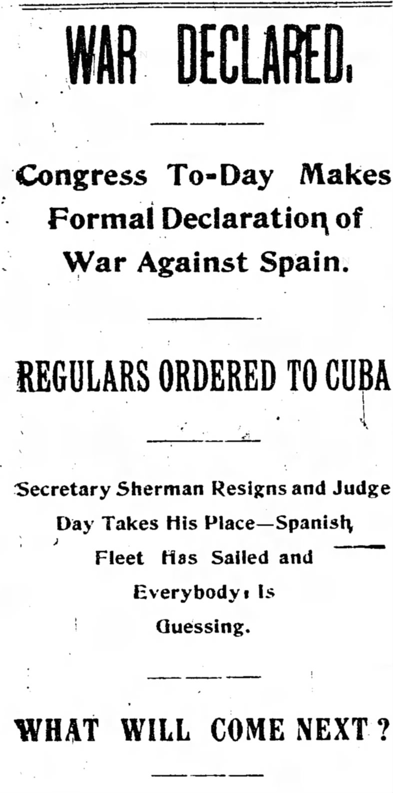 War declared again Spain in the Spanish-American War