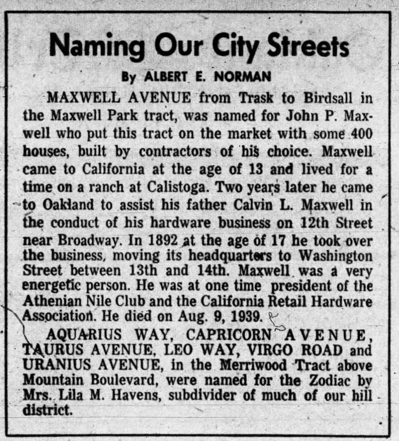 Naming Our City Streets - Maxwell, zodiac streets