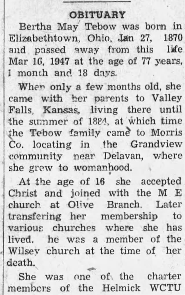 Obituary for Bertha May Tebow, 1870-1947 (Aged 77)