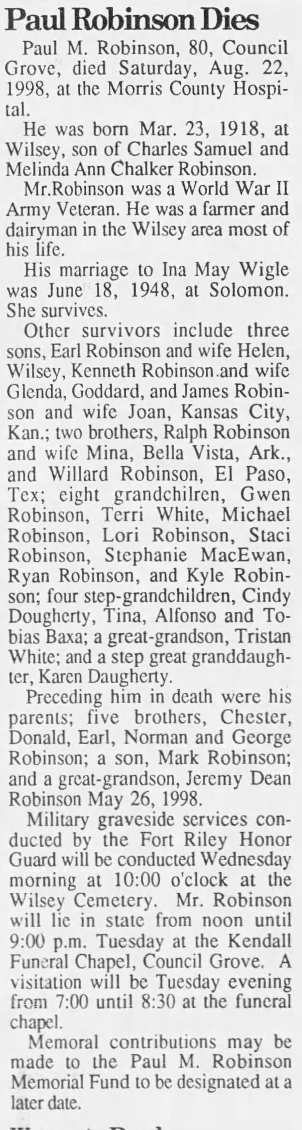 Obituary: Paul M. Robinson, 1918-1998 (Aged 80)