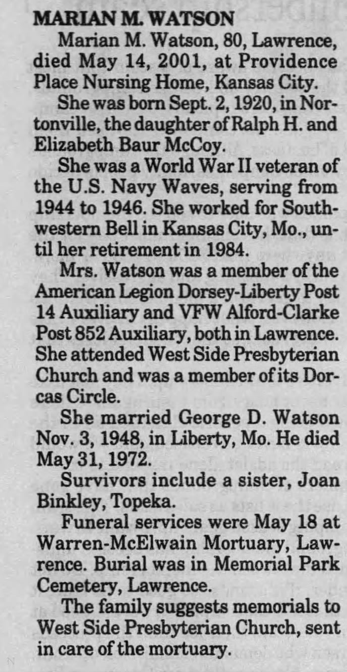 Obituary: Marian M. WATSON, 1920-2001 (Aged 80)