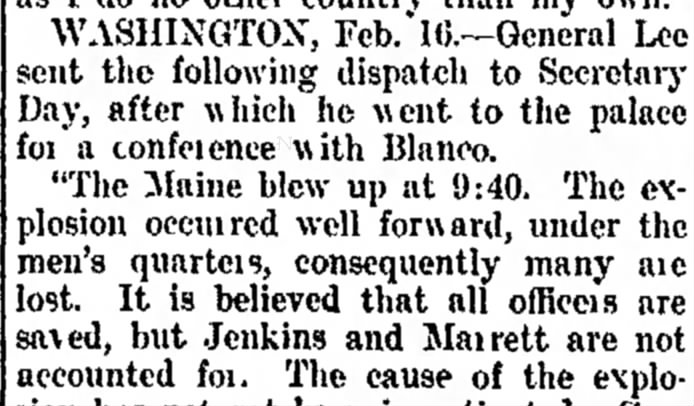 Explosion on the Maine occurred near crew's quarters, resulting in large loss of life
