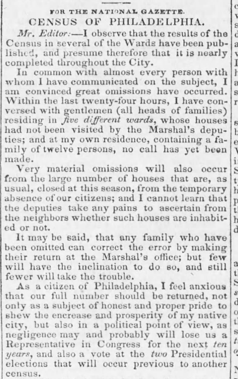 Letter to Editor claims many homes missed in 1830 census in Philadelphia