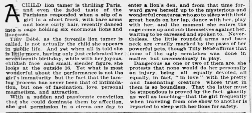 A Girl Among Lions. (1 March 1903) Chicago: The Chicago Tribune. p. 44