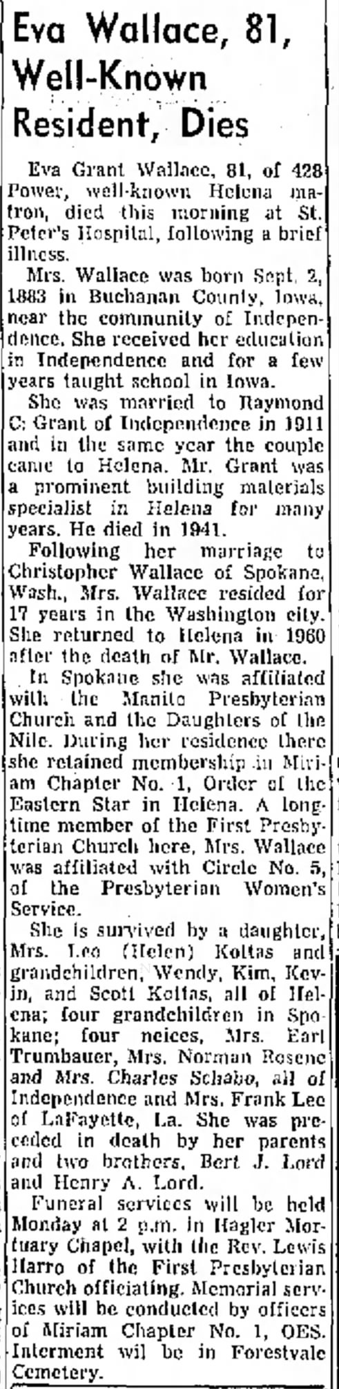 Obituary: Eva Grant Wallace nee Lord