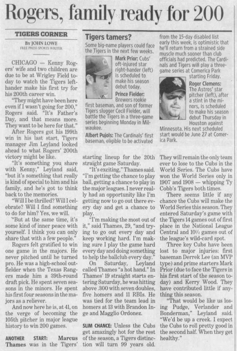 Sun 6/18/2006: Rogers going for win #200