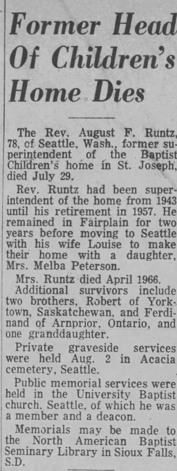 Obituary: Rev. August F. Runtz (Aged 78)