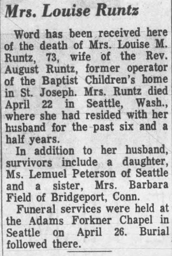 Obituary: Louise M. Runtz (Aged 73)