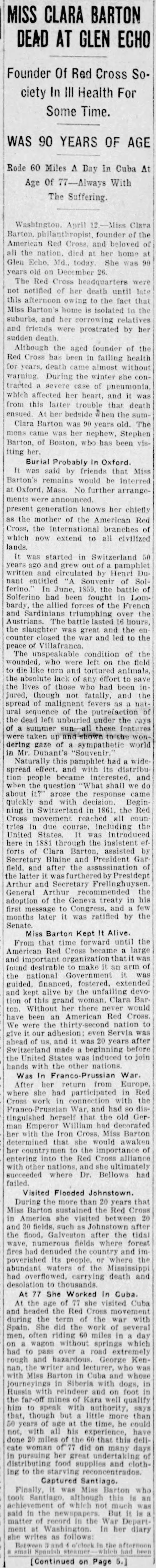 Excerpt from Clara Barton obituary printed in Baltimore paper on April 12, 1912, day of her death