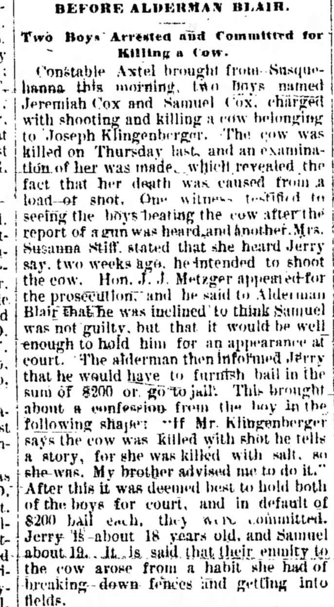 Jeremiah Cox arrested for killing a cow in 1880