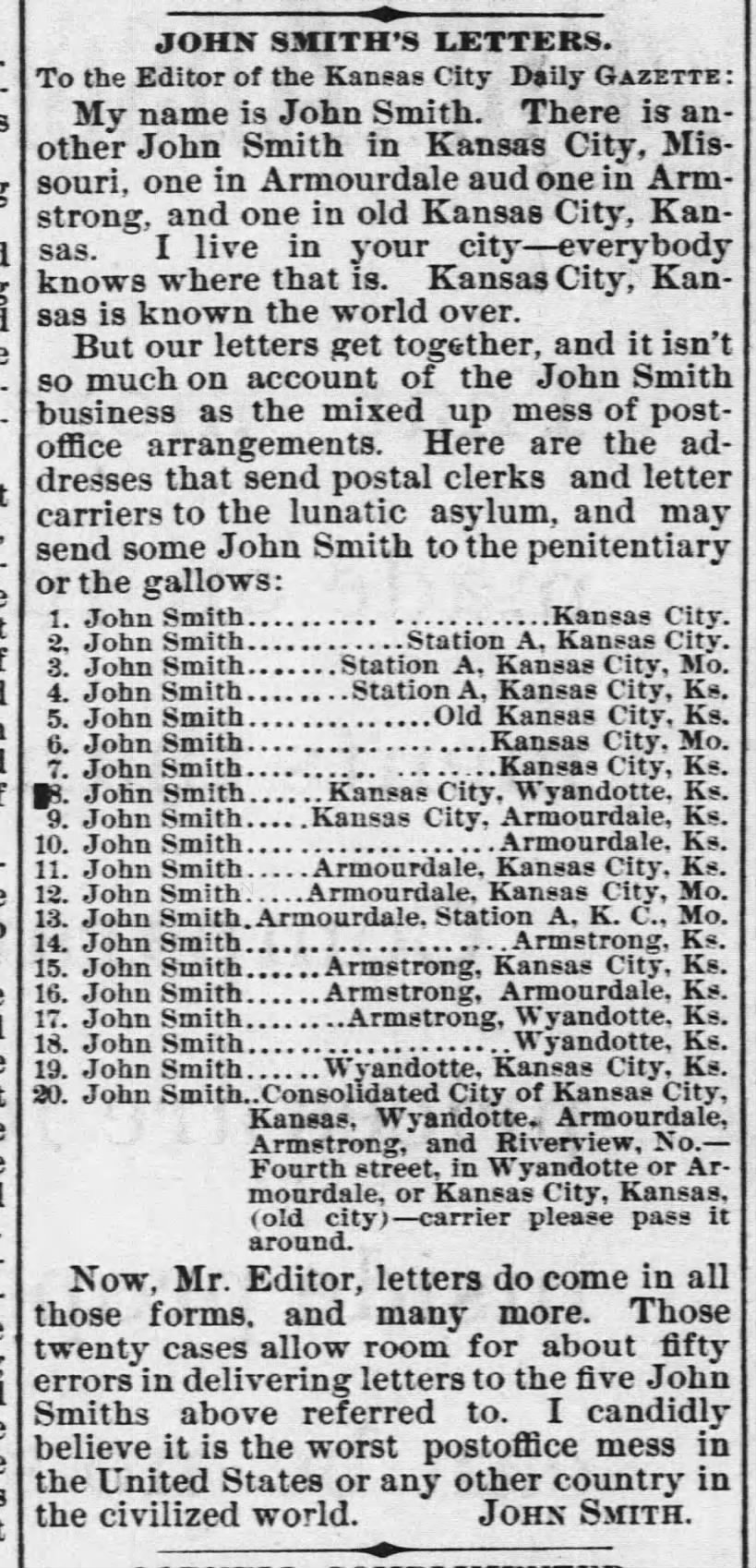 "John Smith" causes post office mix-ups (1888)
