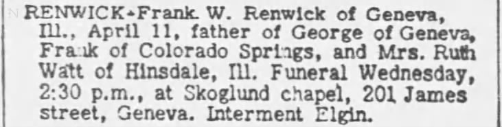 Obituary: Frank W. RENWICK