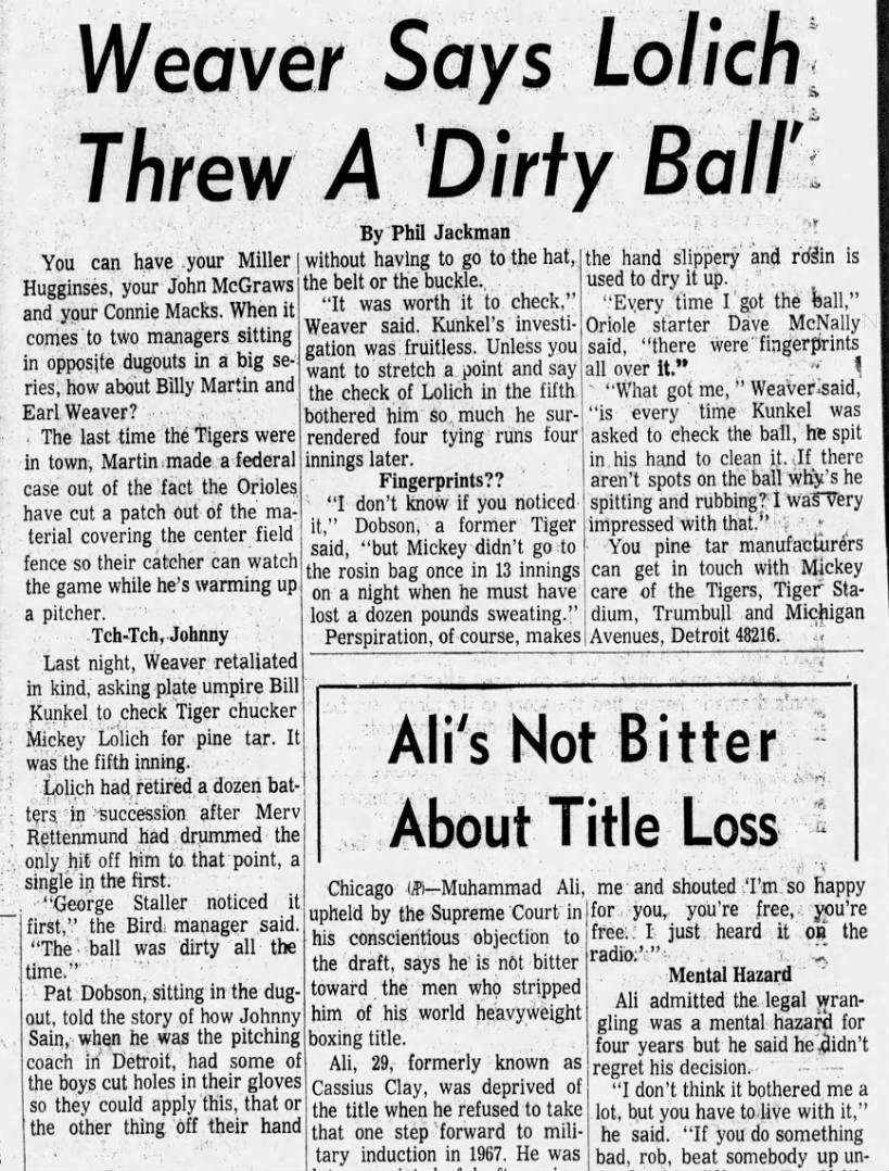 Tues 6/29/71: Weaver complains about Lolich