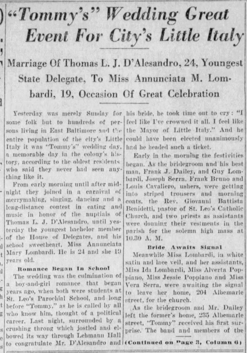 Thomas D'Alesandro, Nancy Lombardi, marriage, 1928, Baltimore MD