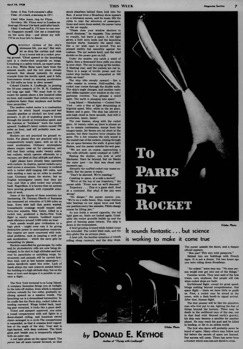 Donald E Keyhoe - To Paris by Rocket, 1938 article