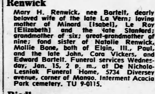 Obituary: Mary H. Renwick (corrected)