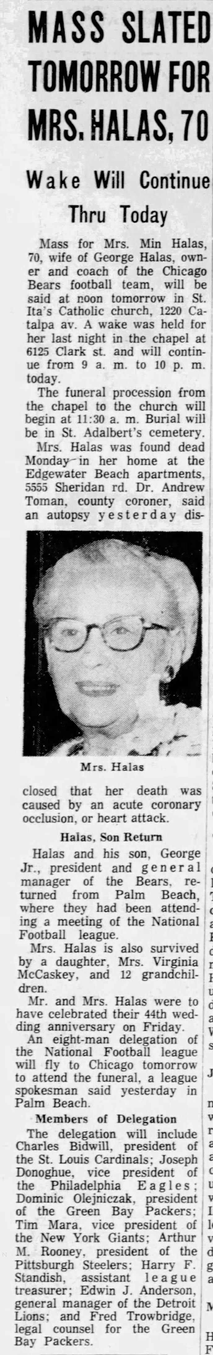 Mass slated tomorrow for Mrs. Halas, 70