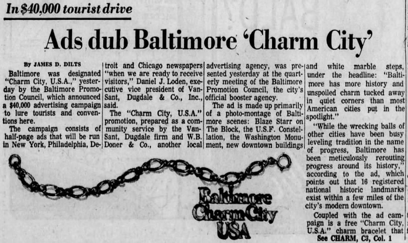 Charm City, Baltimore nickname (1974).