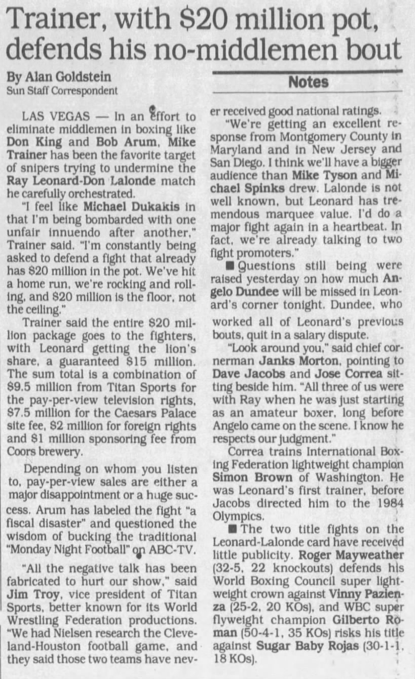 More Leonard vs Lalonde business notes (Baltimore Sun 11/7/1988)