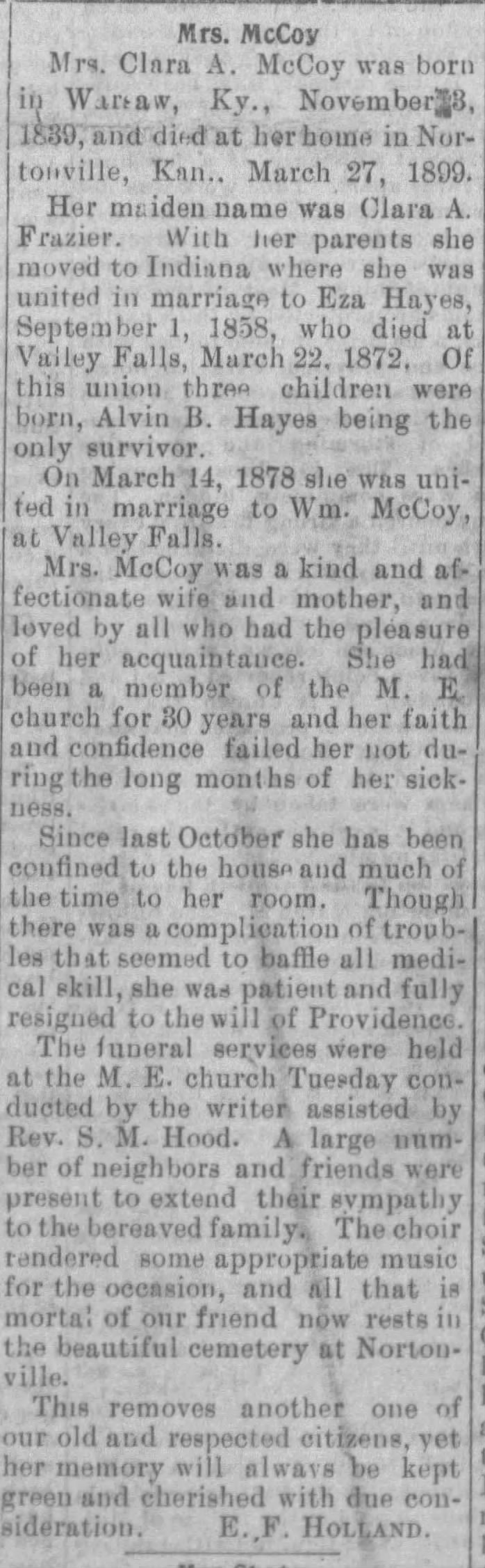 Obituary: Clara A. McCoy nee Frazier (Nov. 3, 1839 - Mar 27, 1899)