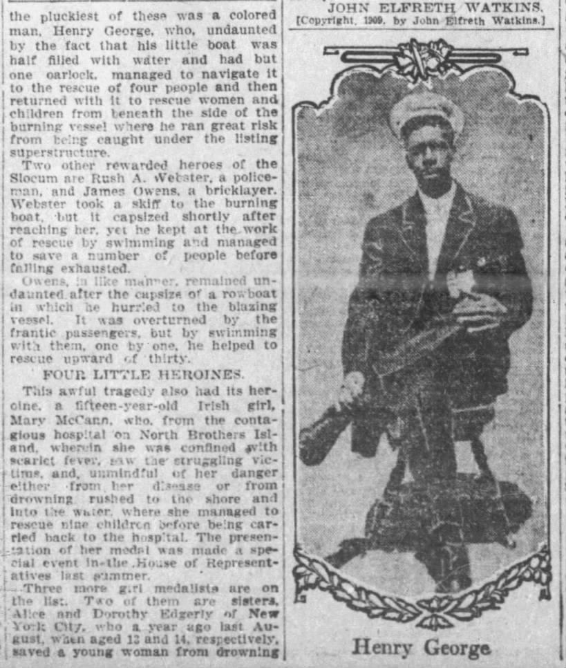 Newspaper account of Henry George's heroism during General Slocum disaster