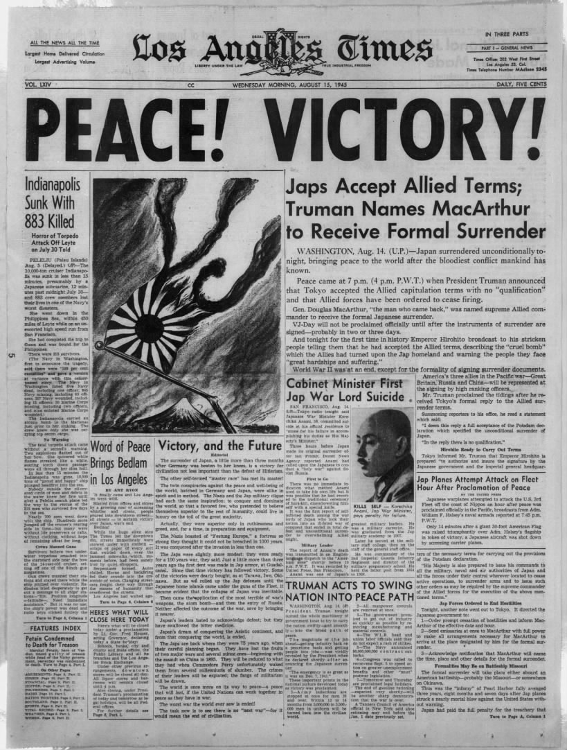 V-J Day shares headlines with the sinking of the USS Indianapolis