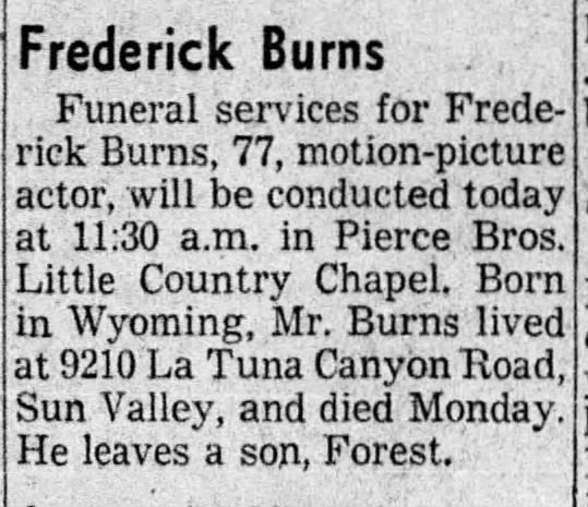 Funeral notice for movie cowboy Fred Burns / Frederick Dana Burns.