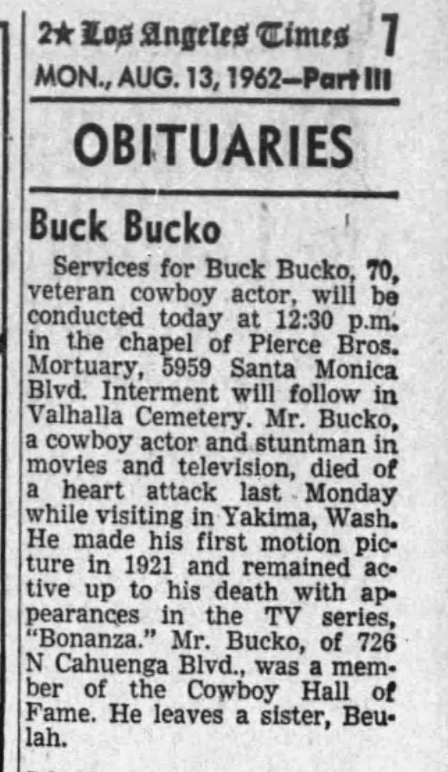 Funeral services for western movie actor Buck Bucko.