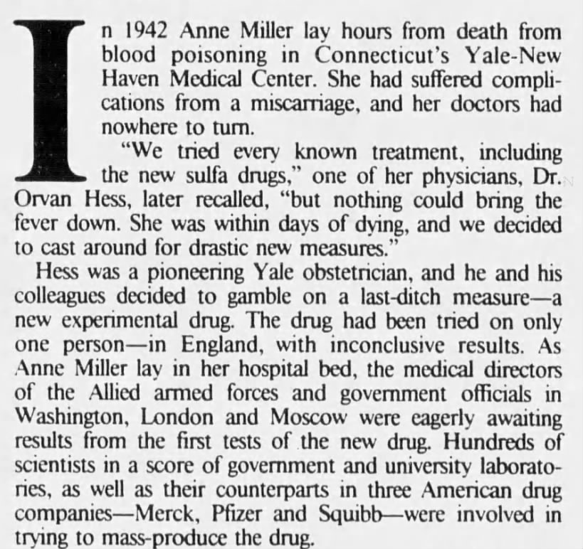 Anne Miller becomes first US patient to receive penicillin