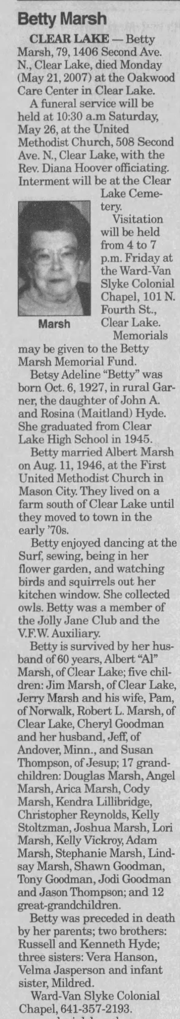 Obituary: Betty Adeline "Betsy" Marsh nee Hyde, 1927-2007 (Aged 79)