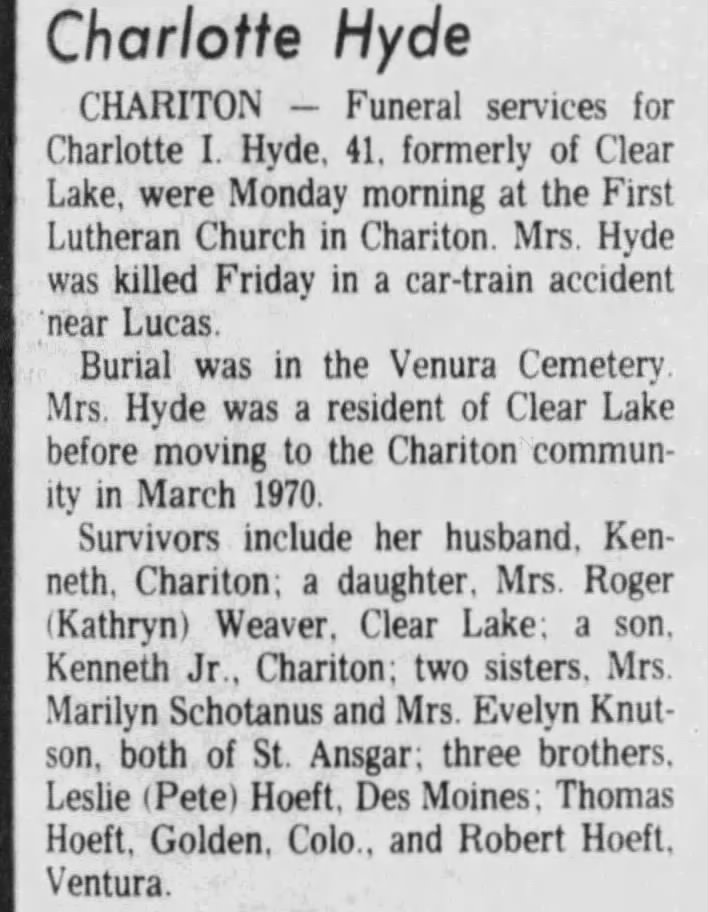 Obituary: Charlotte I. Hyde nee Hoeft (Aged 41)