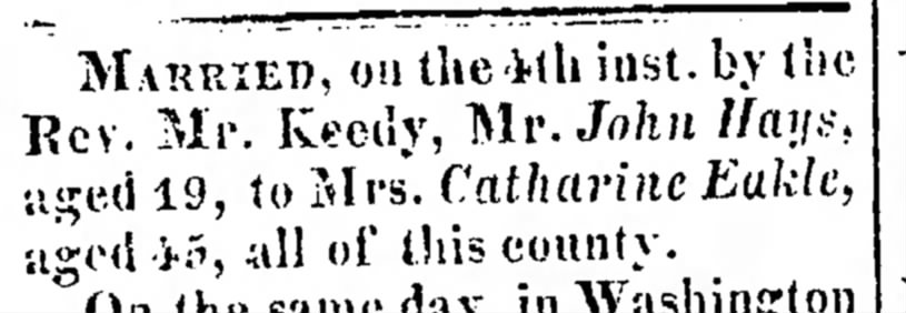 Marriage announcement of John Hays and Catharine Eakle, 1825