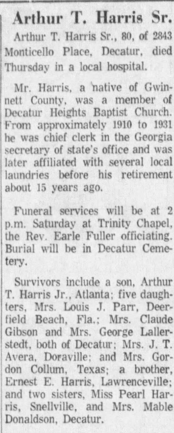 Obituary for Arthur T. Harris (Aged 80)