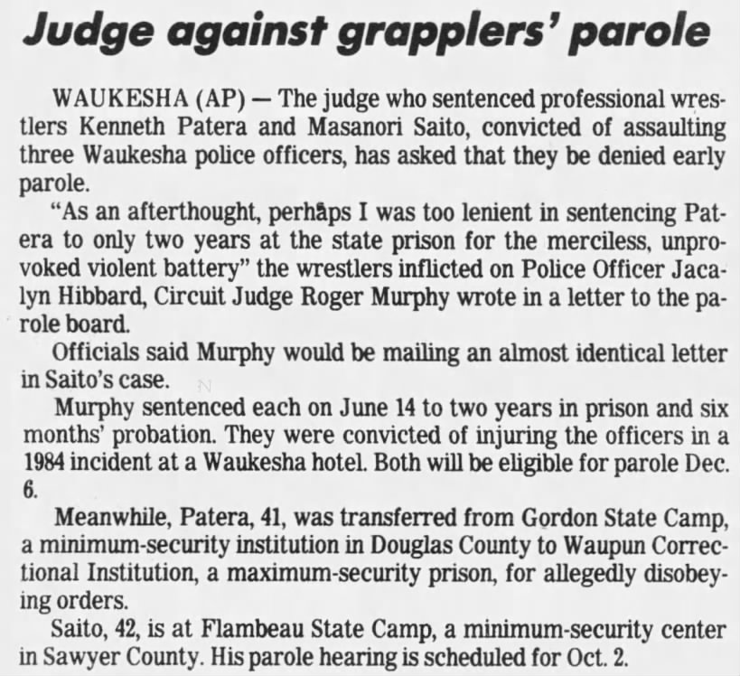 Judge against grapplers' parole (AP via WI State Journal 9/20/1985)