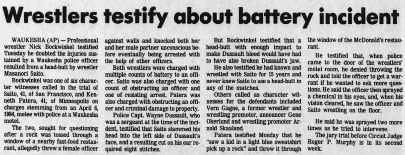 Wrestlers testify about battery incident (AP via Wisconsin State Journal 6/5/1985)