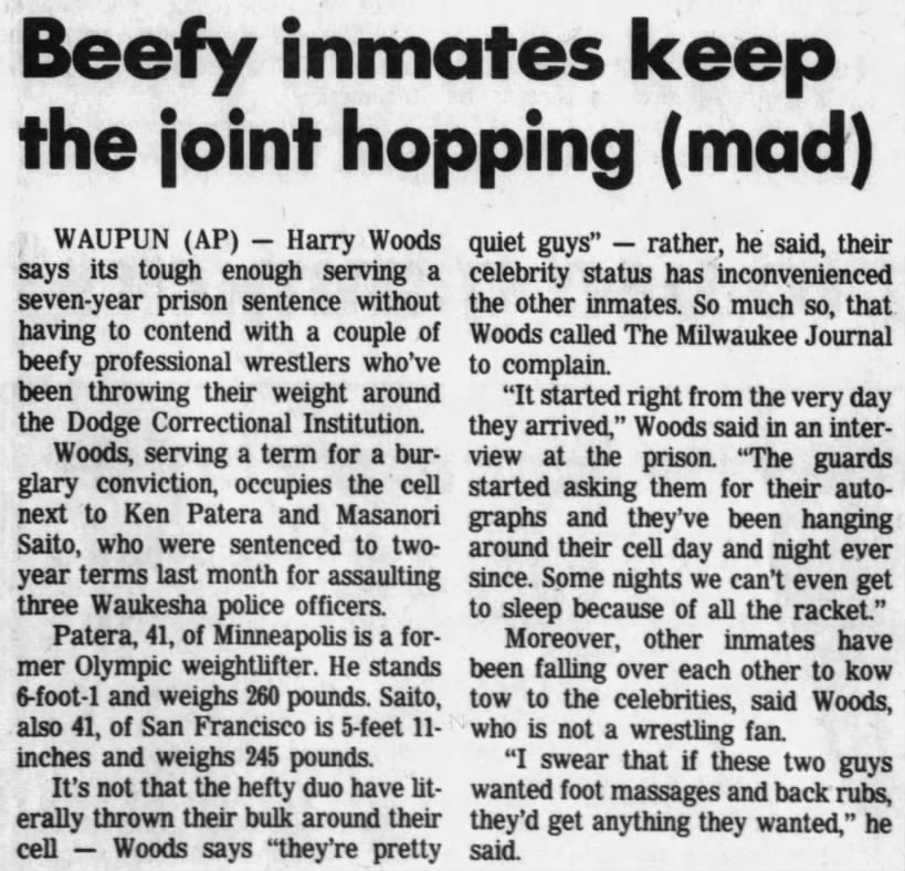 Beefy inmates keep the joint hopping [mad] (AP via WI State Journal 7/14/1985)