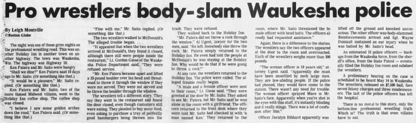 Pro wrestlers body-slam Waukesha police (Boston Globe syndicated to WI State Journal 4/21/1984)