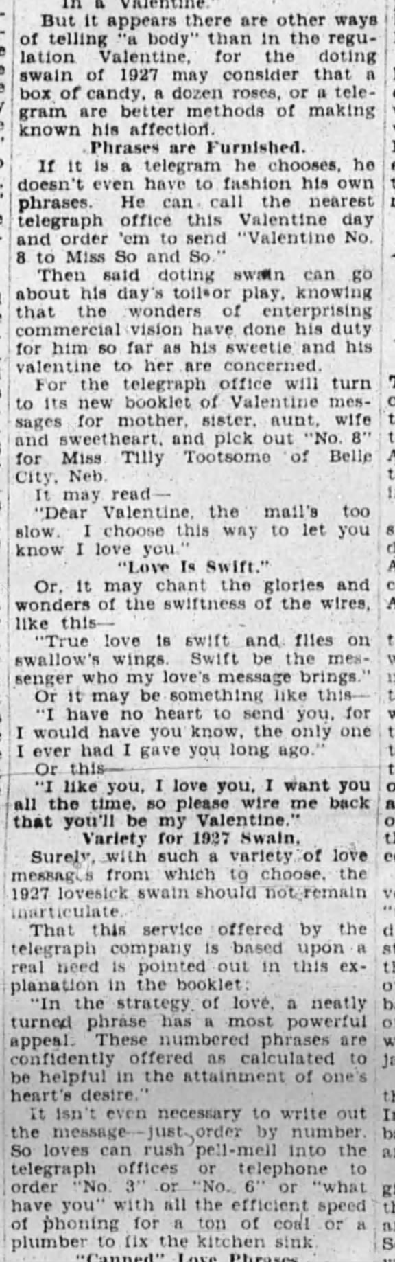 Telegraph Valentines in 1927