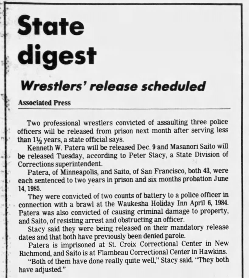Wrestlers' release scheduled (AP via WI State Journal 11/28/1986)