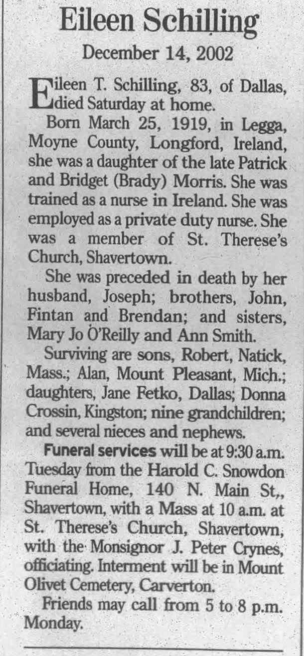 Obituary for Eileen T. Schilling, 1919-2002 (Aged 83)