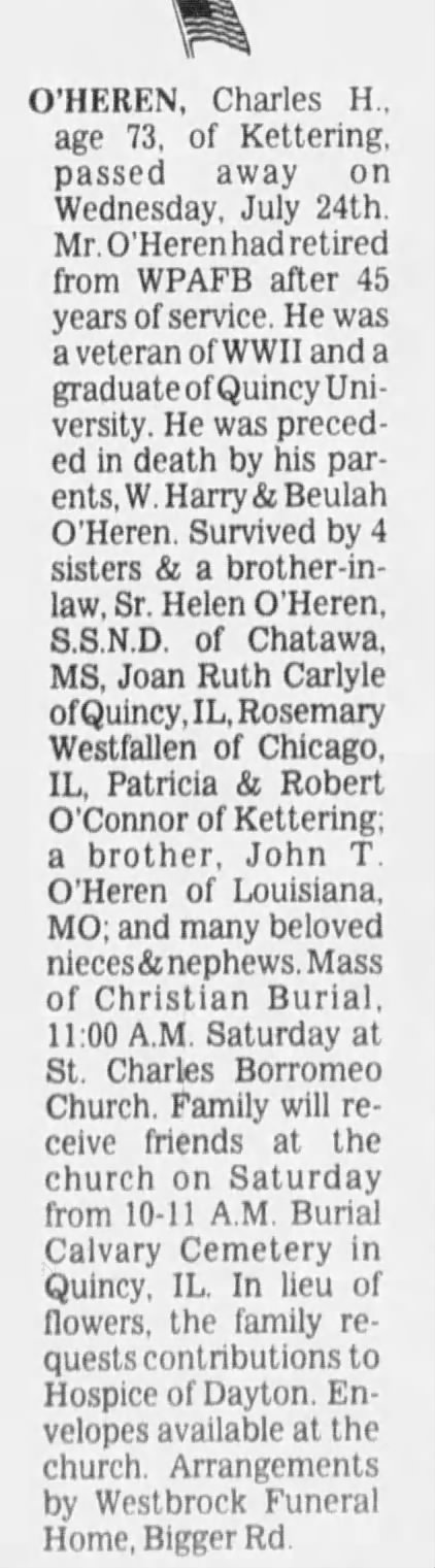 Obituary: Charles H. O'HEREN (Aged 73)