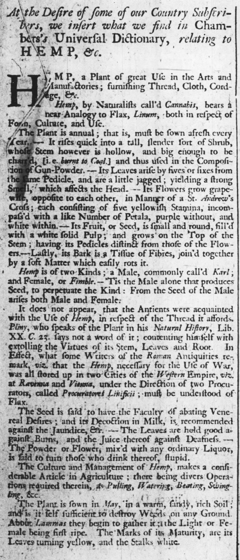 Cannabis - The Pennsylvania Gazette, Oct 9, 1729