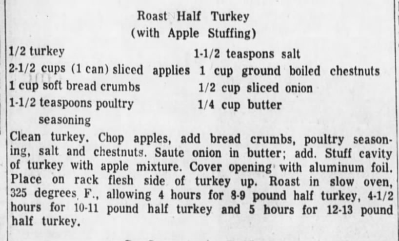Roast Half Turkey with Apple Stuffing recipe, 1959
