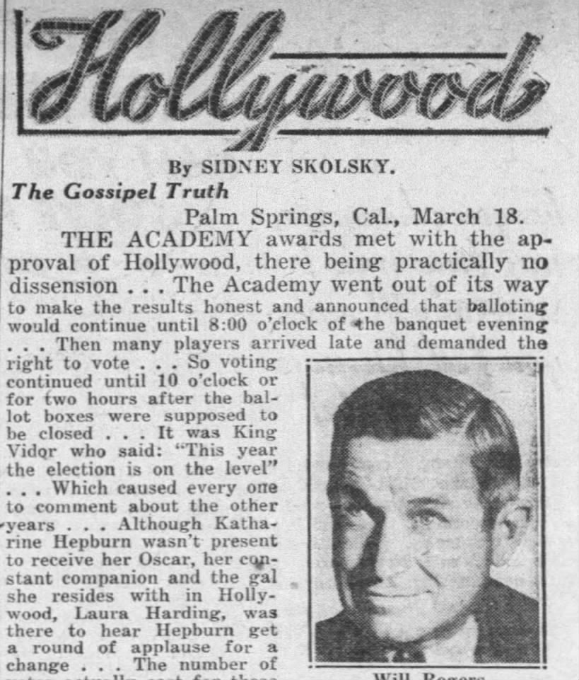 "Oscar" in SIdney Skolsky's Hollywood column (1934).