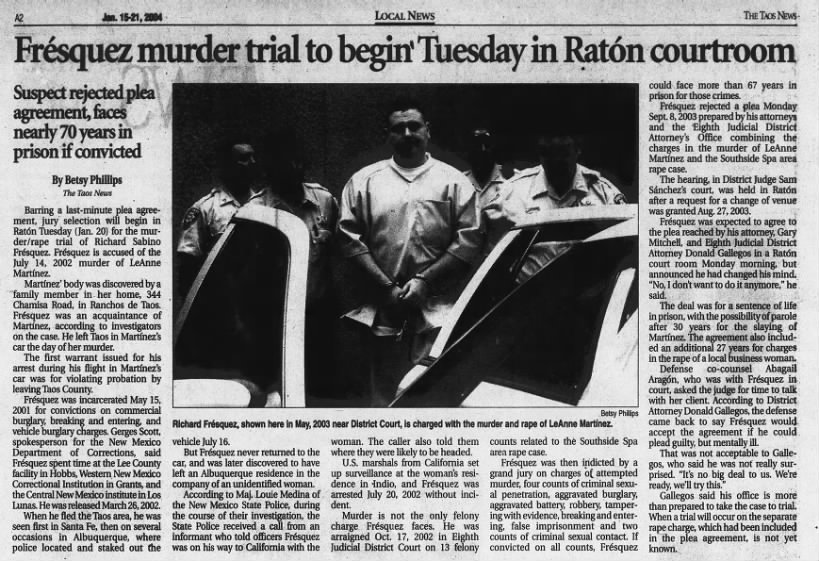 Jan. 21, 2004 SA, Fresquez murder trial to begin Tuesday in Raton courtroom, RS Fresquez, Other