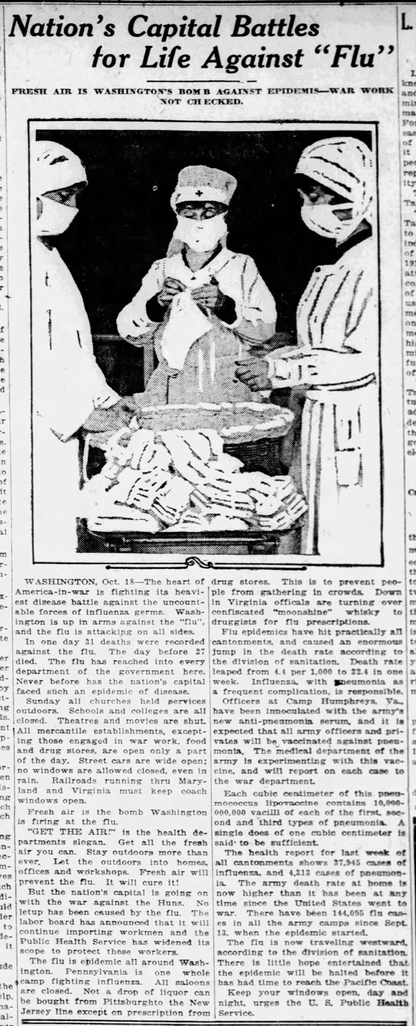Washington DC is hit with Spanish flu but war industries continue; fresh air is recommended