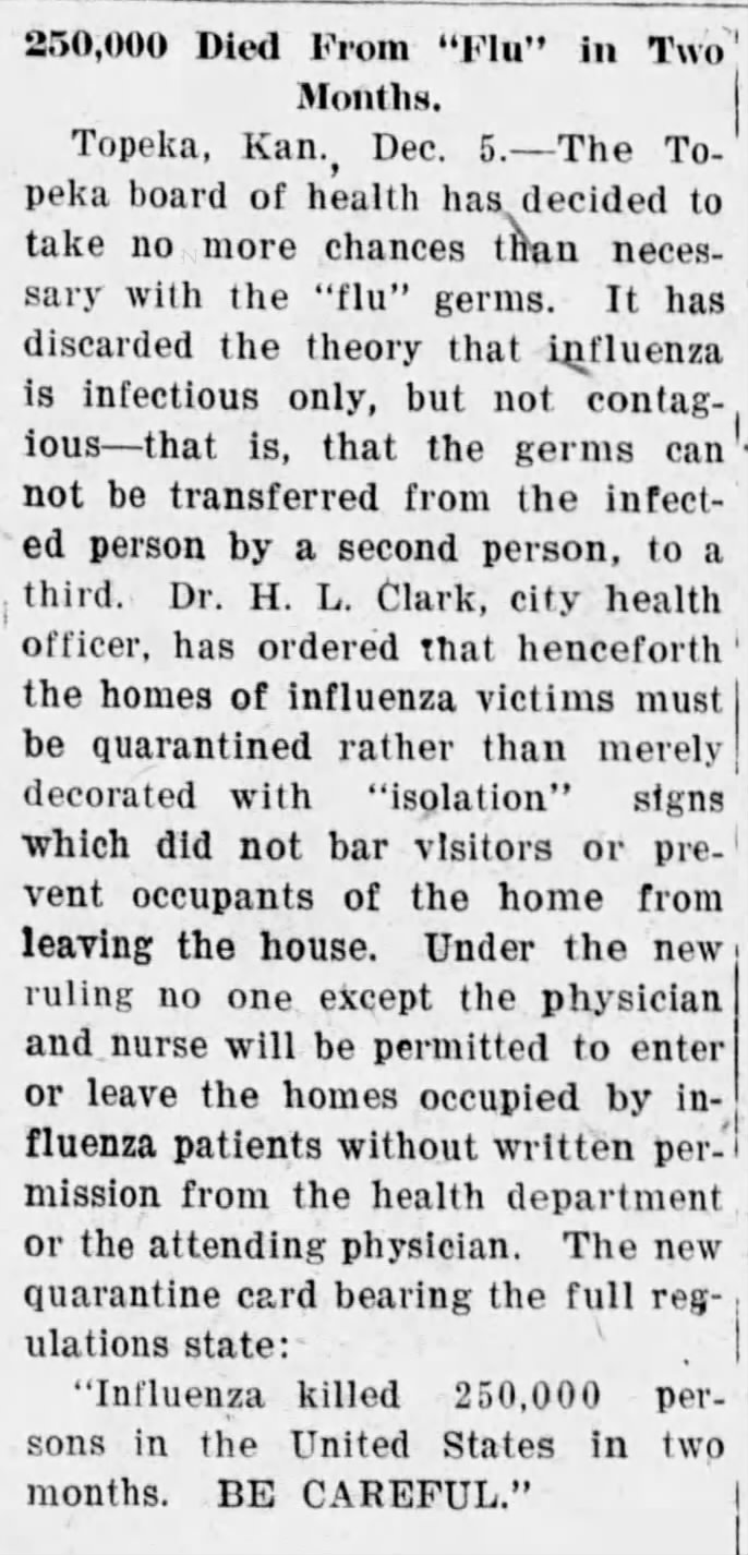 Kansas board of health requires homes of those sick with flu to be quarantined in December 1918