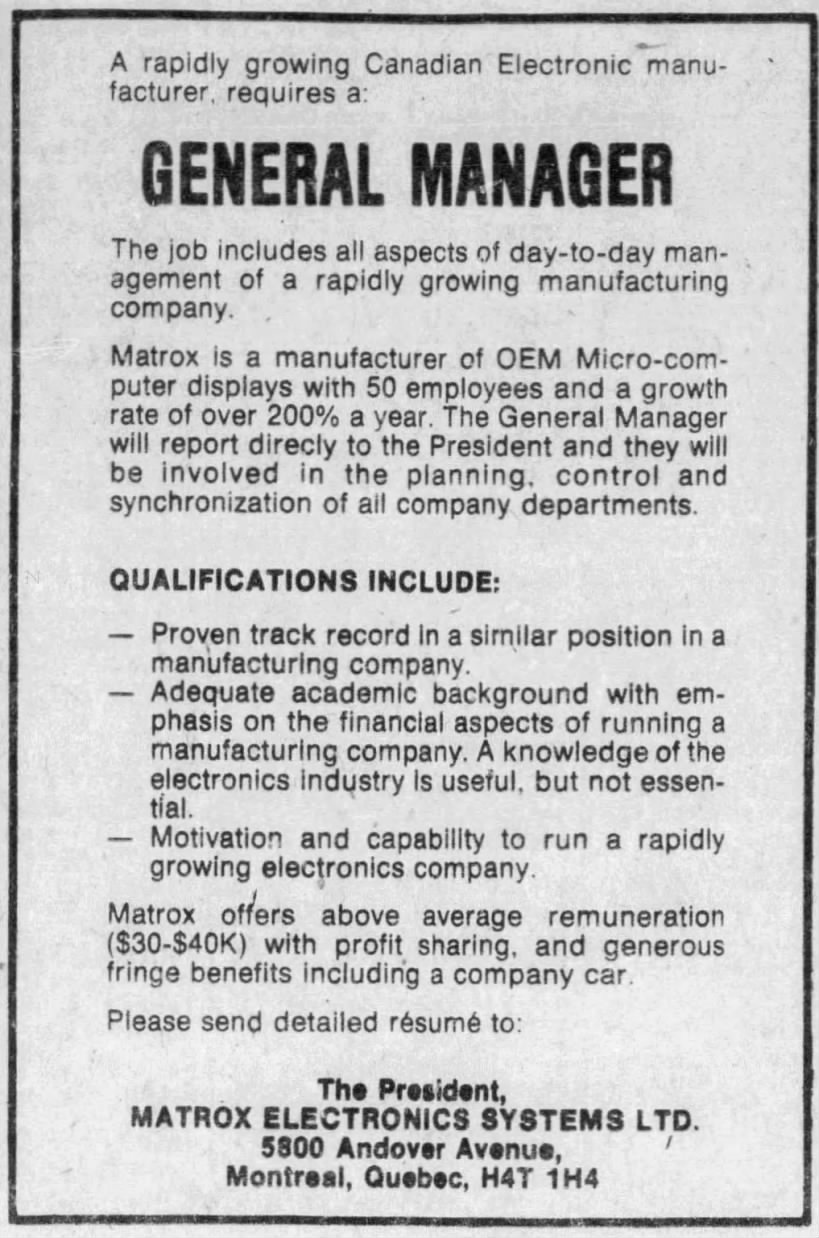 Early ad for Matrox Electronics Systems